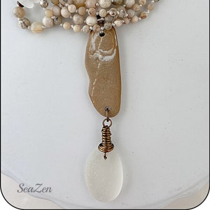 Sea Glass, White, Clear, African Opal, Beach Stone, Brass, Hand Knotted Mala Style Necklace 811 image 1