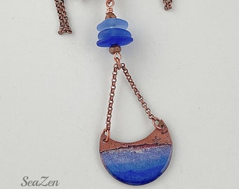 Sea Glass, Cobalt, Gaea Enameled Pendant, Lapis, Copper OOAK Necklace #804