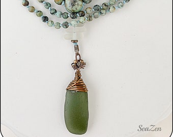 Sea Glass, Forest Green and Frosty White, African Turquoise, Brass, Hand Knotted Mala Style Necklace #813