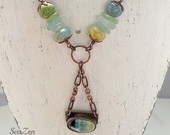 Sea Glass, Seafoam & Blue, Gaea Ceramic Beads, Gaea Pendant, Copper OOAK Necklace #808