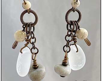 Sea Glass, Frosty White, Beach Pebbles, African Opal, Brass OOAK Earrings #957