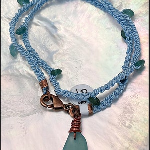 SeaGlass, Aqua, Roman Glass, Copper, Silk Cord, Hand Crocheted OOAK Bracelet 446 image 1