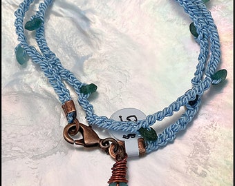 SeaGlass, Aqua, Roman Glass, Copper, Silk Cord, Hand Crocheted OOAK Bracelet #446