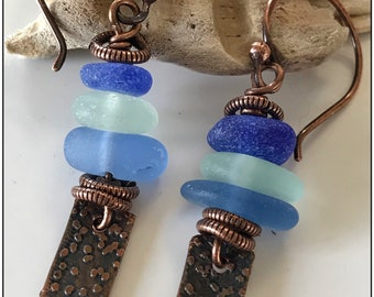 Sea Glass, Blue and Green, Gaea Copper Charms, Copper OOAK Dangle Earrings #917