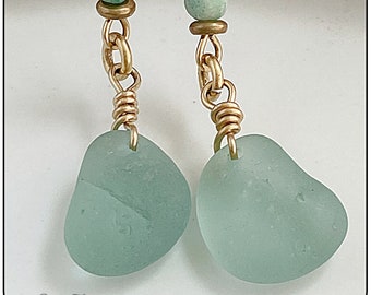 Sea Glass, Aqua, Chrysocolla, Gold Plated, OOAK Earrings #956