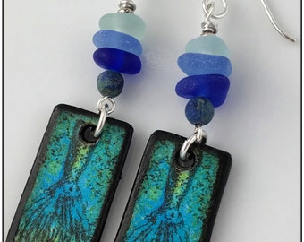 Sea Glass, Blues, Chrysocolla, Mermaid Tail Wood Tiles, OOAK, Sterling Silver Earrings #886