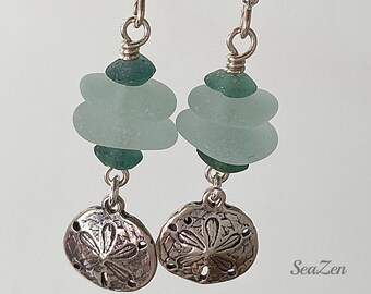 Sea Glass, Seafoam, Ancient Roman Glass, Sand Dollar Charms, OOAK, Silver Earrings #941