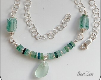 Sea Glass, Seafoam, Ancient Roman Glass, Sterling Silver, OOAK Necklace #817