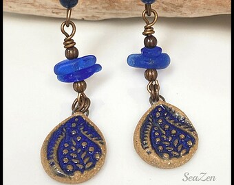 Sea Glass, Cobalt Blue, Ceramic Charms, Lapis, Vintaj Brass OOAK Earrings #780