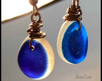 Sea Glass, Blue English Multi, Ceramic Beads, Vintaj Brass Earrings #908