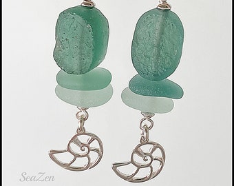 Sea Glass Earrings, Sterling Silver, Ancient Roman Glass Beads, Teal & Seafoam Sea Glass, Nautilus Charms, OOAK #943