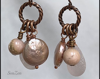 Sea Glass, Frosty White, Freshwater Pearls, Peruvian Opal, Copper Earrings  #935