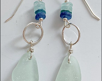 Sea Glass, Seafoam, Roman Glass, Cobalt Blue, Sterling Silver OOAK Earrings #959