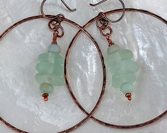 Sea Glass, Seafoam, Antique Copper Hoops, Amazonite, Copper OOAK Earrings #949