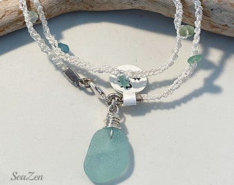 Sea Glass, Seafoam, Ancient Roman Glass, Two Strand, White Silk Crochet OOAK Bracelet  #447