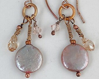 Freshwater Coin Pearls, Rose Gold, Swarovski Crystals, Copper OOAK Earrings #951