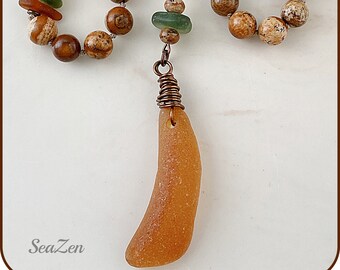 Sea Glass, Brown and Green, Picture Jasper, Brass, Mala Style OOAK Necklace #810