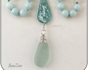 Sea Glass, Pale Blue, Seafoam, Amazonite, Roman Glass, Silver, Mala Style Necklace #809