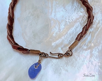 Sea Glass, Blue, Braided Leather OOAK Bracelet  #451