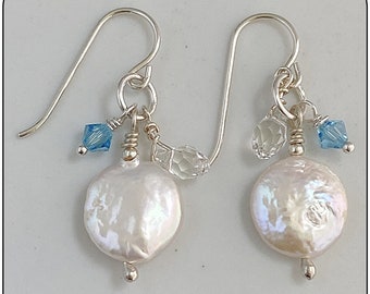 Freshwater Coin Pearls, Swarovski Crystals, Sterling Silver, OOAK Earrings #953