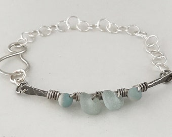 Sea Glass, Seafoam, Amazonite, Antiqued Silver, Bar and Chain, Sterling Silver OOAK Bracelet #438