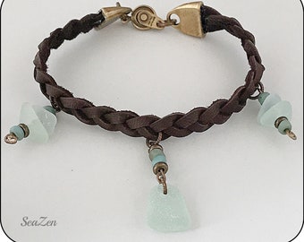 Sea Glass, Seafoam, Glass Beads, Brass, Hand Braided Leather OOAK Bracelet #437