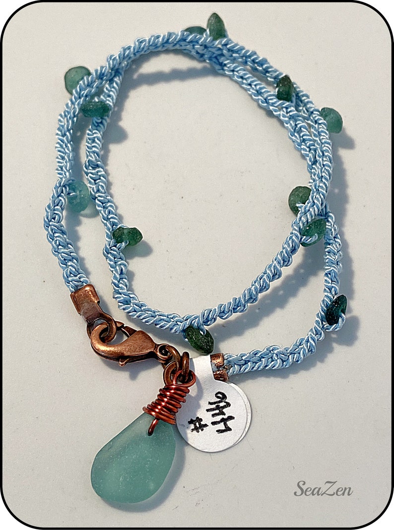 SeaGlass, Aqua, Roman Glass, Copper, Silk Cord, Hand Crocheted OOAK Bracelet 446 image 9