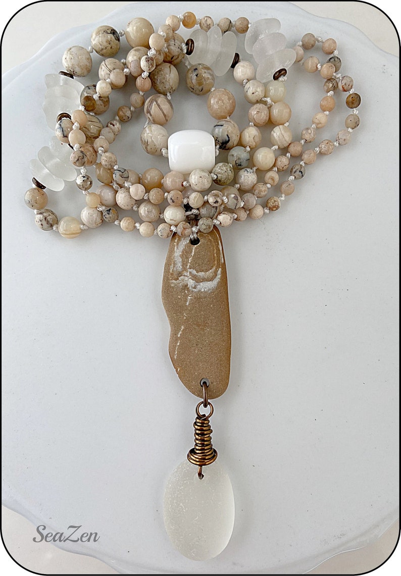 Sea Glass, White, Clear, African Opal, Beach Stone, Brass, Hand Knotted Mala Style Necklace 811 image 1