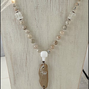 Sea Glass, White, Clear, African Opal, Beach Stone, Brass, Hand Knotted Mala Style Necklace 811 image 7