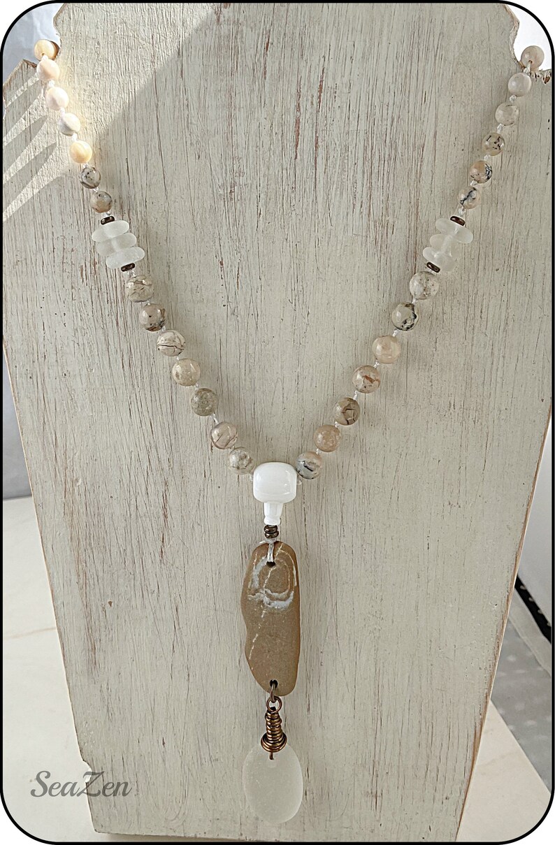 Sea Glass, White, Clear, African Opal, Beach Stone, Brass, Hand Knotted Mala Style Necklace 811 image 7