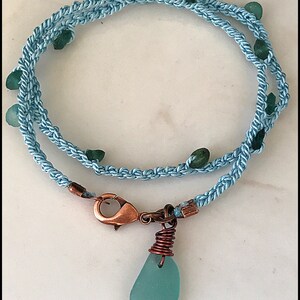 SeaGlass, Aqua, Roman Glass, Copper, Silk Cord, Hand Crocheted OOAK Bracelet 446 image 5