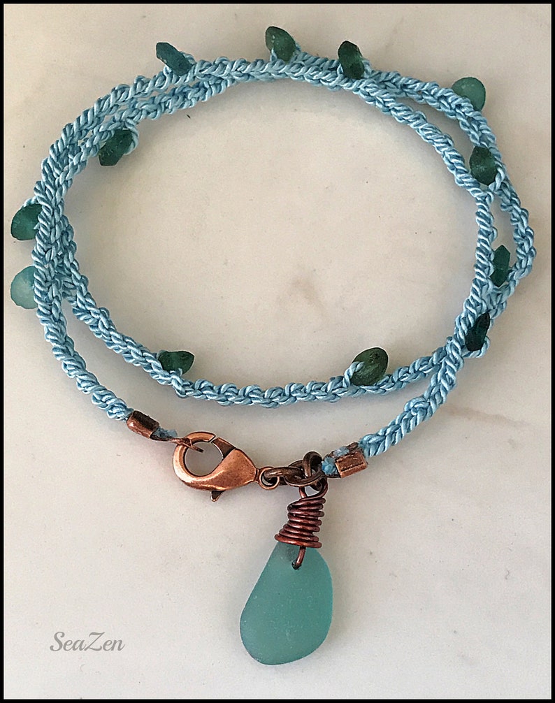 SeaGlass, Aqua, Roman Glass, Copper, Silk Cord, Hand Crocheted OOAK Bracelet 446 image 5