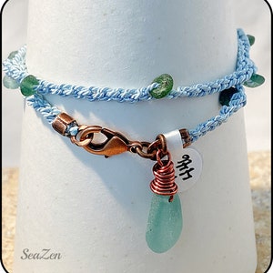 SeaGlass, Aqua, Roman Glass, Copper, Silk Cord, Hand Crocheted OOAK Bracelet 446 image 6