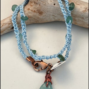 SeaGlass, Aqua, Roman Glass, Copper, Silk Cord, Hand Crocheted OOAK Bracelet 446 image 2