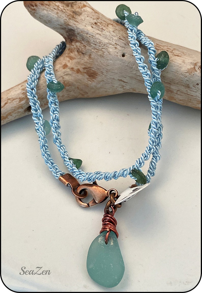 SeaGlass, Aqua, Roman Glass, Copper, Silk Cord, Hand Crocheted OOAK Bracelet 446 image 2