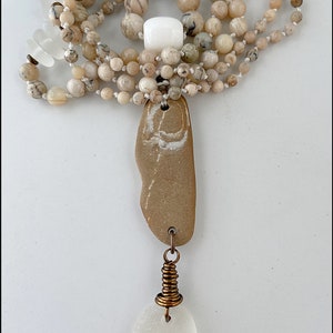 Sea Glass, White, Clear, African Opal, Beach Stone, Brass, Hand Knotted Mala Style Necklace 811 image 9