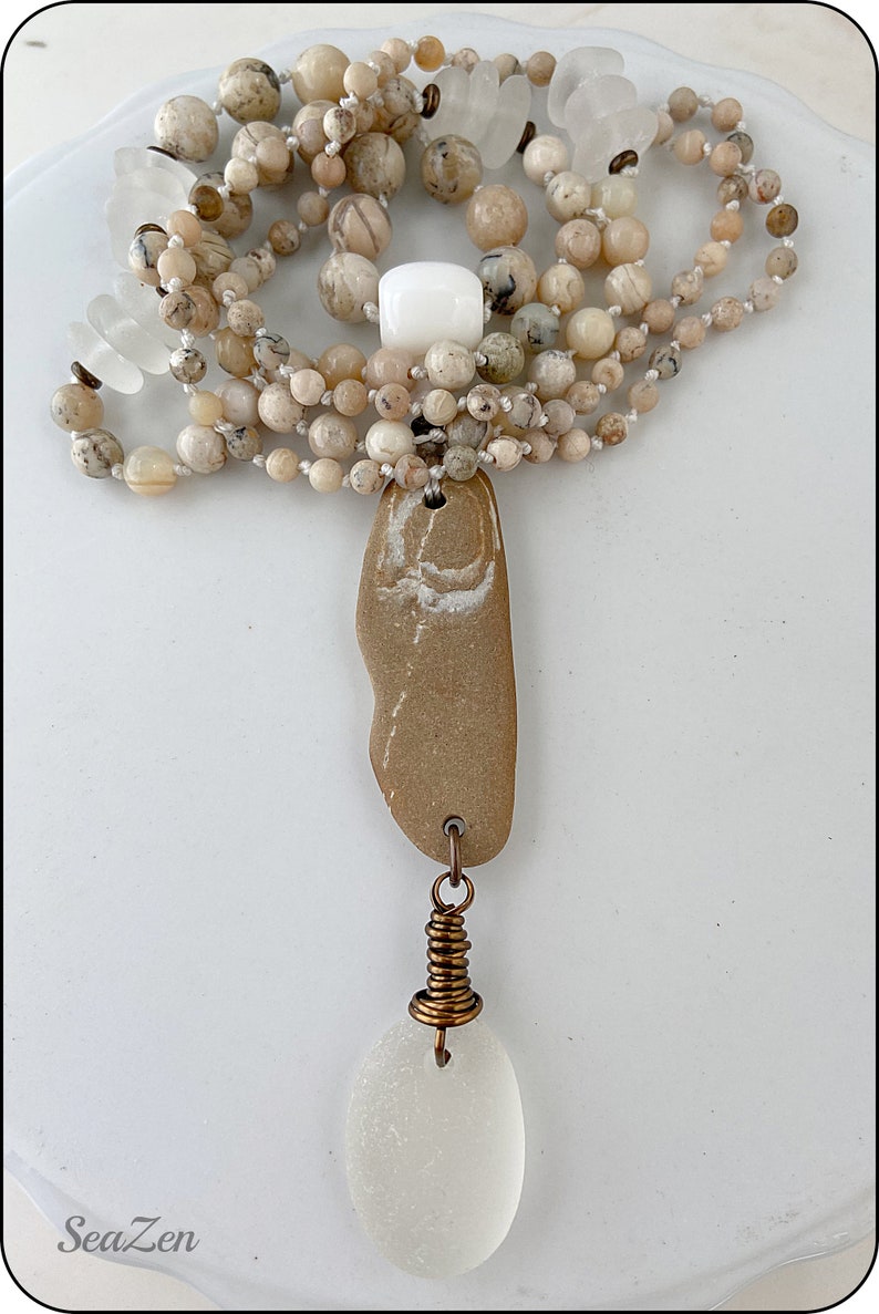 Sea Glass, White, Clear, African Opal, Beach Stone, Brass, Hand Knotted Mala Style Necklace 811 image 9