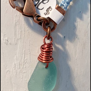 SeaGlass, Aqua, Roman Glass, Copper, Silk Cord, Hand Crocheted OOAK Bracelet 446 image 4