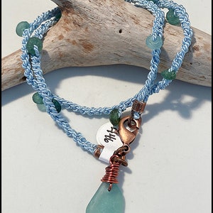 SeaGlass, Aqua, Roman Glass, Copper, Silk Cord, Hand Crocheted OOAK Bracelet 446 image 7