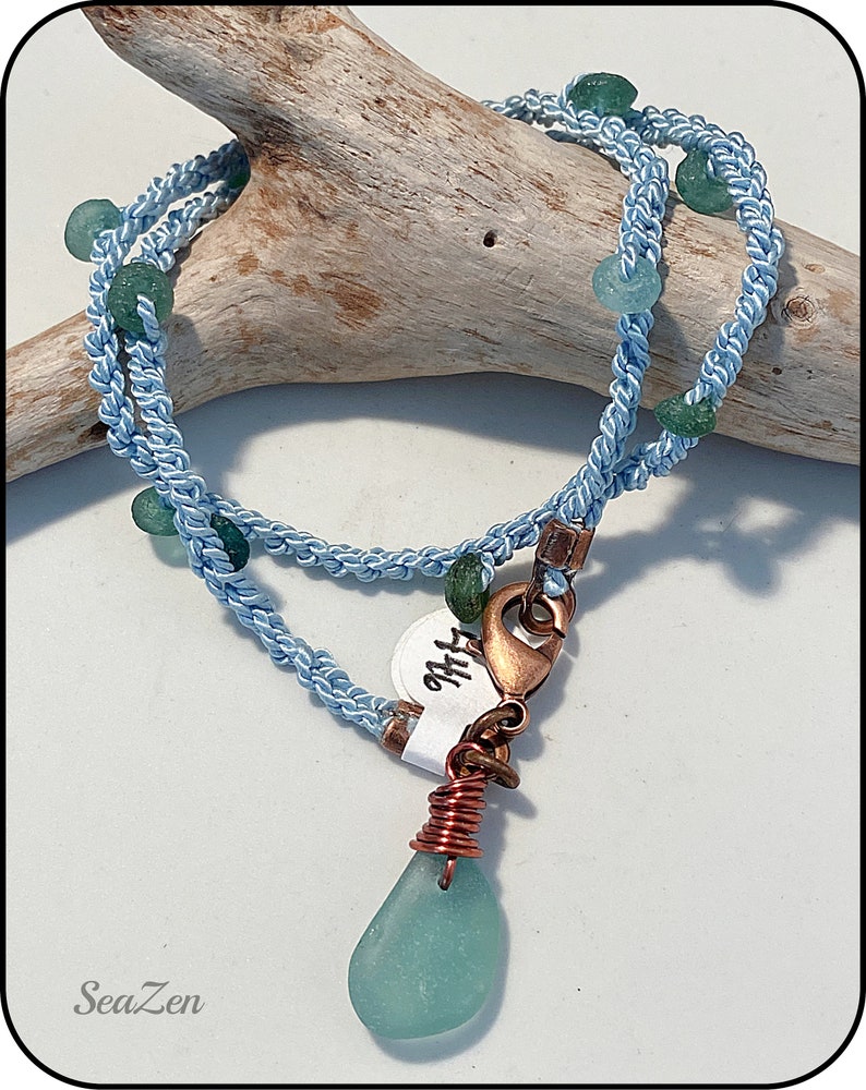 SeaGlass, Aqua, Roman Glass, Copper, Silk Cord, Hand Crocheted OOAK Bracelet 446 image 7