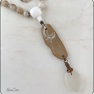 Sea Glass, White, Clear, African Opal, Beach Stone, Brass, Hand Knotted Mala Style Necklace 811 image 5