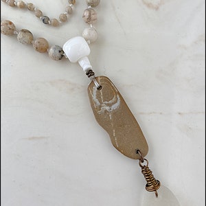 Sea Glass, White, Clear, African Opal, Beach Stone, Brass, Hand Knotted Mala Style Necklace 811 image 8