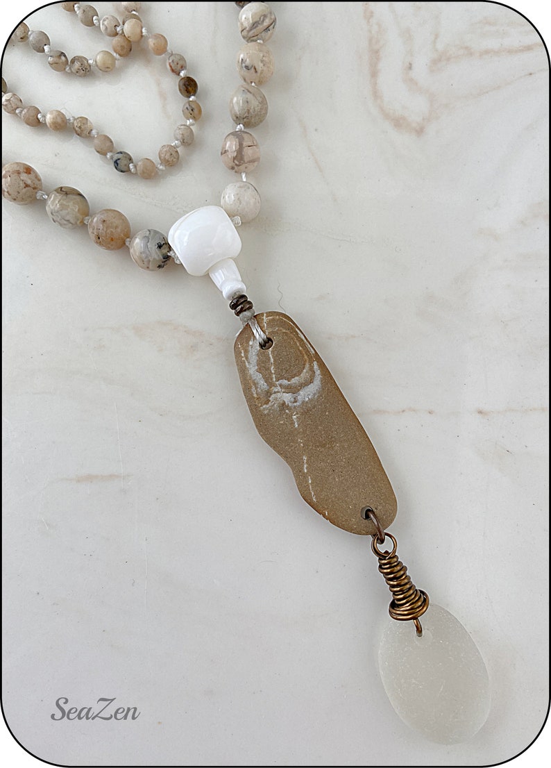 Sea Glass, White, Clear, African Opal, Beach Stone, Brass, Hand Knotted Mala Style Necklace 811 image 8