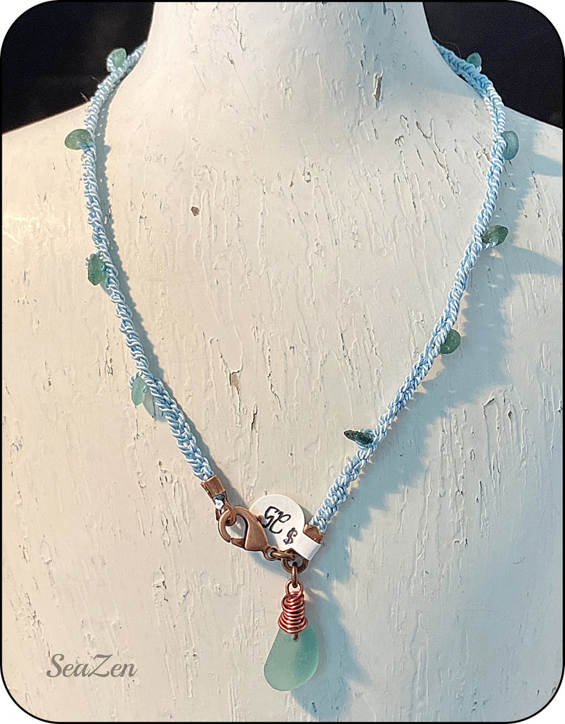 SeaGlass, Aqua, Roman Glass, Copper, Silk Cord, Hand Crocheted OOAK Bracelet 446 image 8
