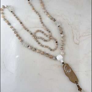 Sea Glass, White, Clear, African Opal, Beach Stone, Brass, Hand Knotted Mala Style Necklace 811 image 10