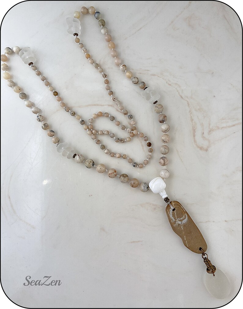 Sea Glass, White, Clear, African Opal, Beach Stone, Brass, Hand Knotted Mala Style Necklace 811 image 10