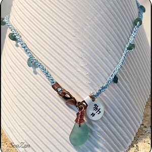 SeaGlass, Aqua, Roman Glass, Copper, Silk Cord, Hand Crocheted OOAK Bracelet 446 image 10