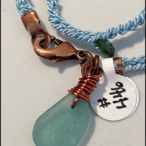 SeaGlass, Aqua, Roman Glass, Copper, Silk Cord, Hand Crocheted OOAK Bracelet 446 image 3
