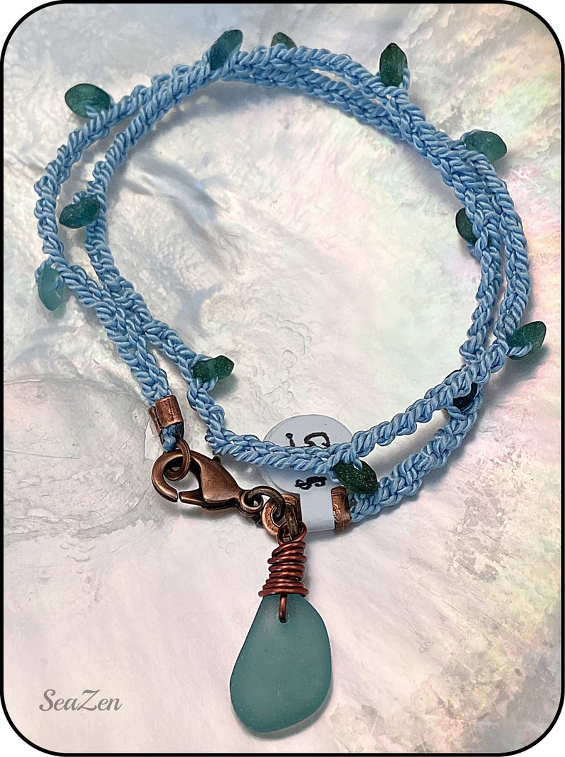 SeaGlass, Aqua, Roman Glass, Copper, Silk Cord, Hand Crocheted OOAK Bracelet 446 image 1