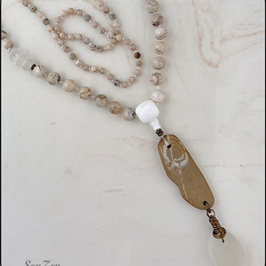 Sea Glass, White, Clear, African Opal, Beach Stone, Brass, Hand Knotted Mala Style Necklace 811 image 4